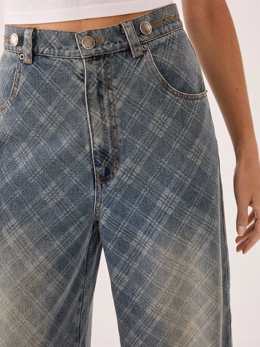 Women's Grey-Blue Plaid Wide-Leg Jeans