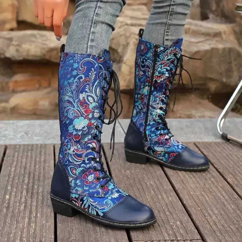 Embroidered Lace Up Knee High Boots