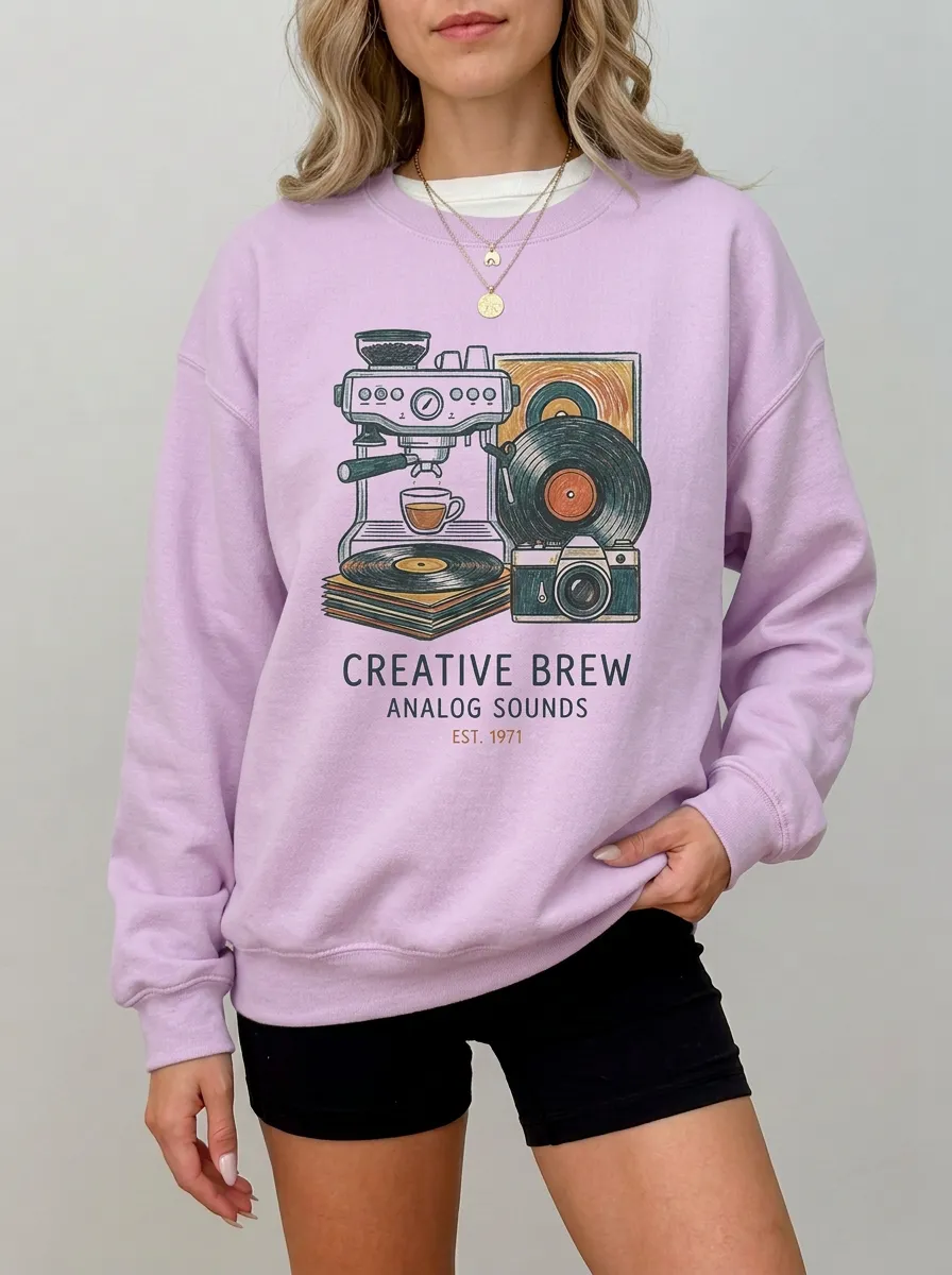Women's Coffee Vinyl Record Camera Creative Brew Graphic Sweatshirt