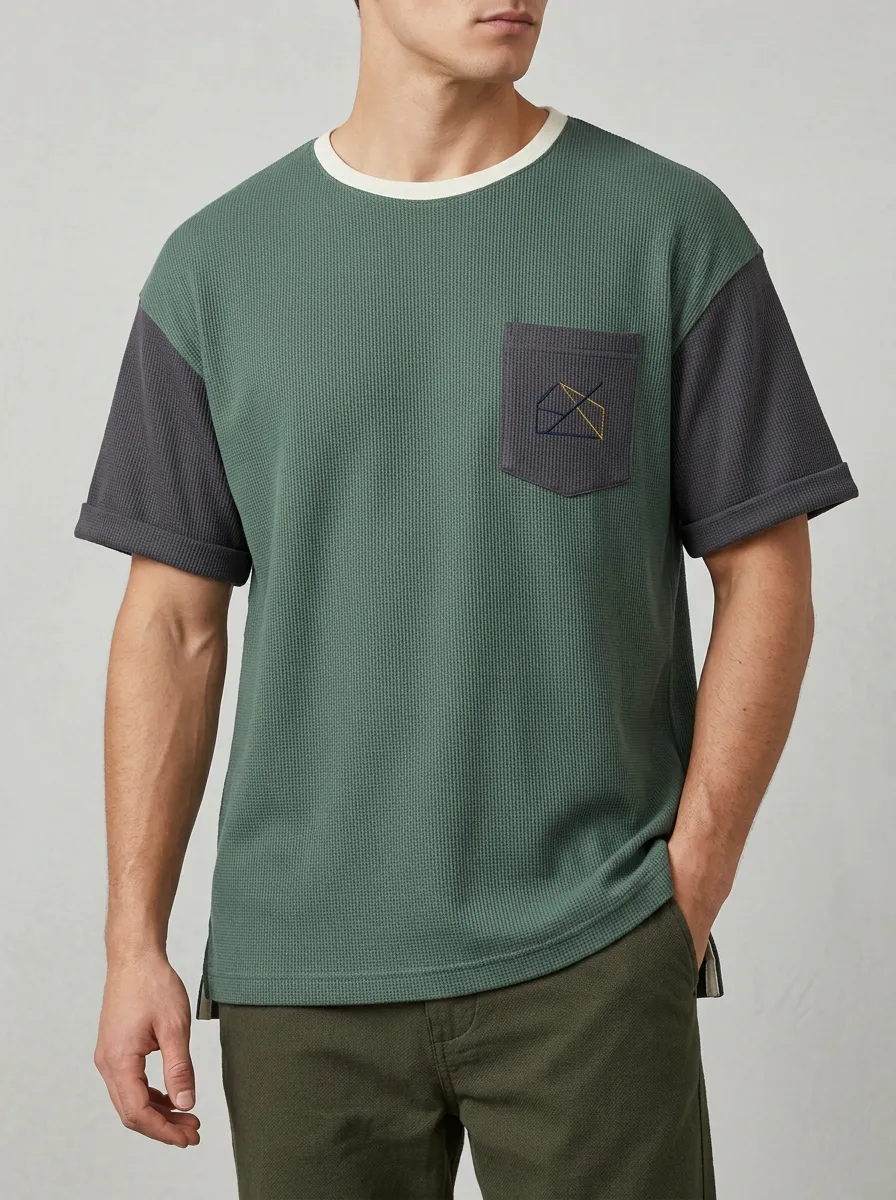 Men's Geometric Line Art Embroidered Waffle Knit Pocket Top
