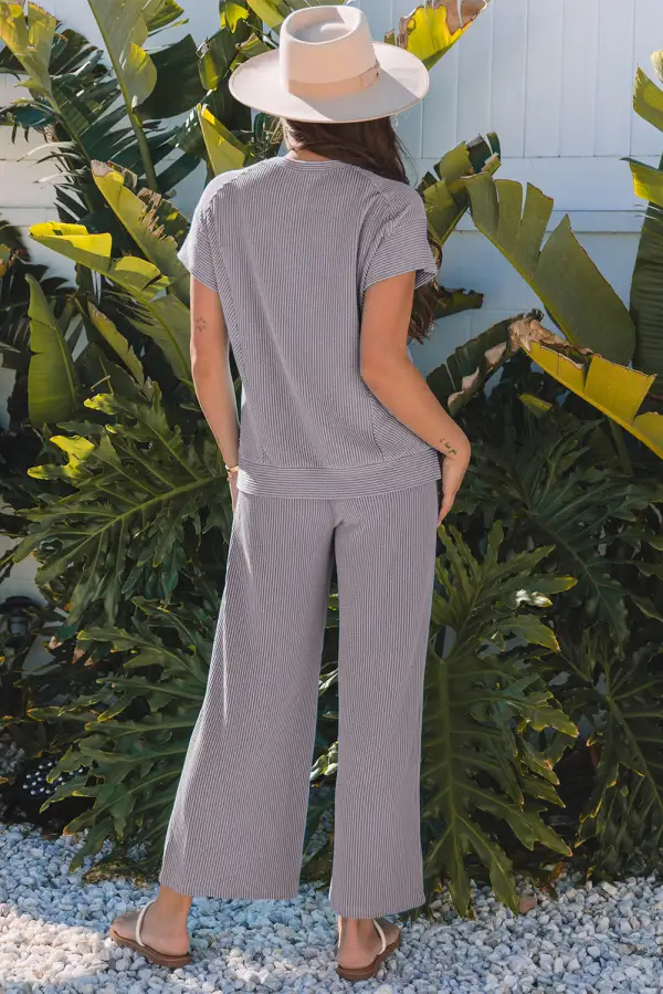 Women's Solid Corded Knit Short Sleeve T Shirt and Wide Leg Pants Set