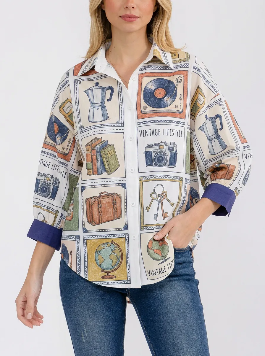 Women's Vintage Lifestyle Retro Objects Printed Button-up Shirt