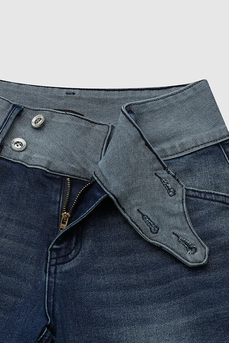 Two Tone Button Front Ripped Denim Bermuda Shorts