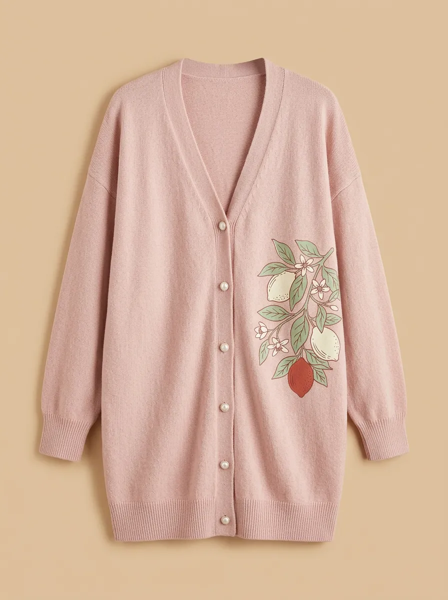 Women's V-Neck Button-Front Graphic Ribbed Cardigan
