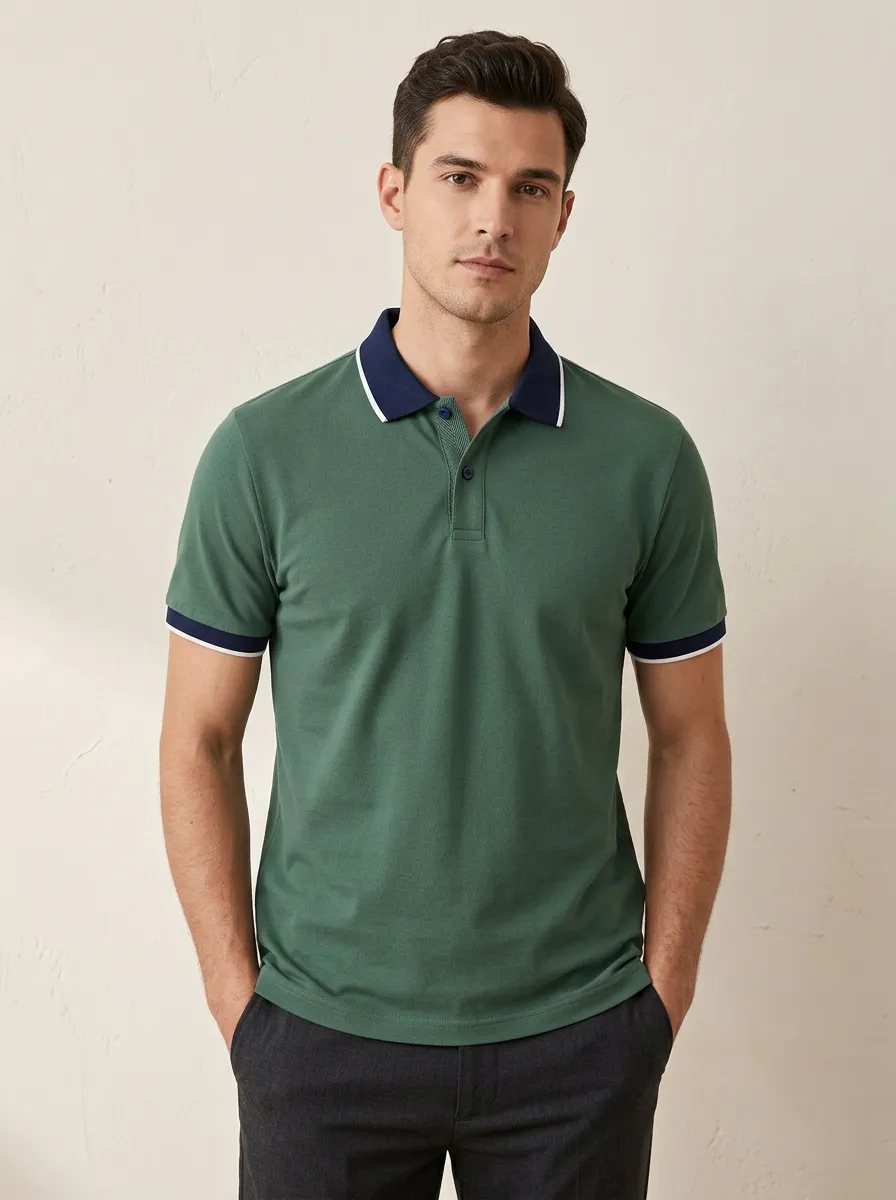 Men's Green Contrast Collar Tipped Sleeve Polo Shirt