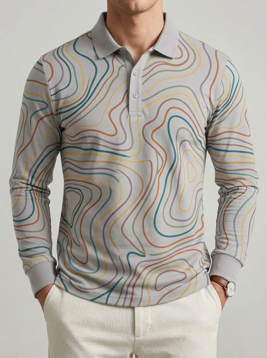 Men's Abstract Wavy Line Pattern Printed Long Sleeve Polo Shirt
