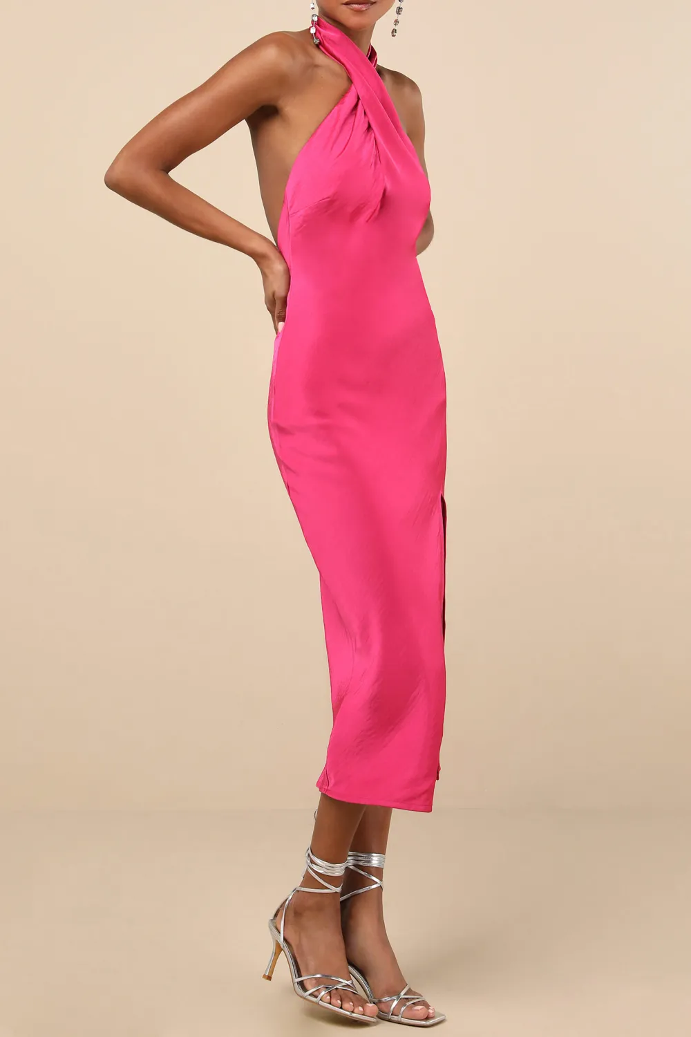 Casual Style Abstract Print Satin Halter Midi Dress