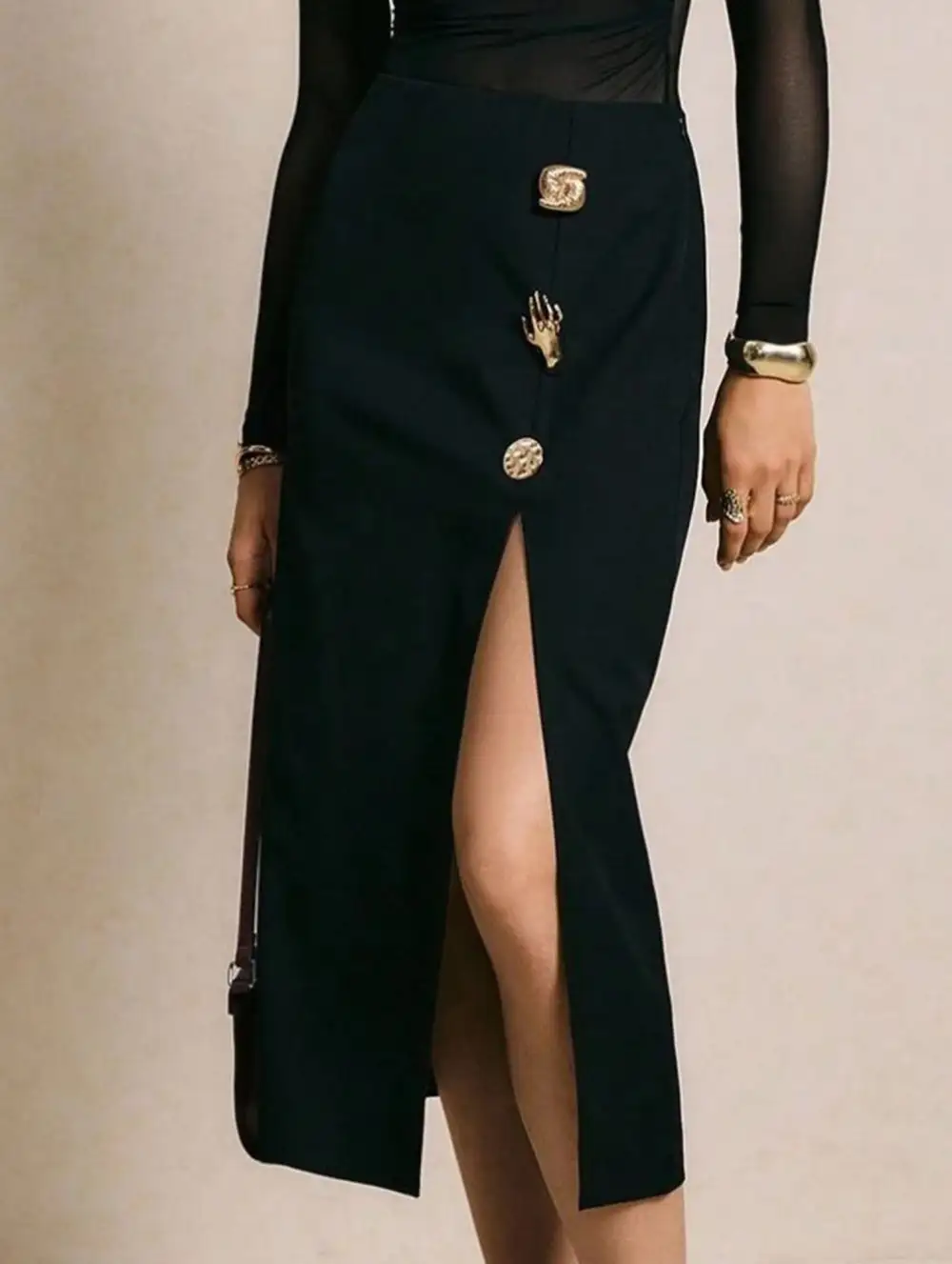 Bodycon Metal Detail Slit Midi Skirt