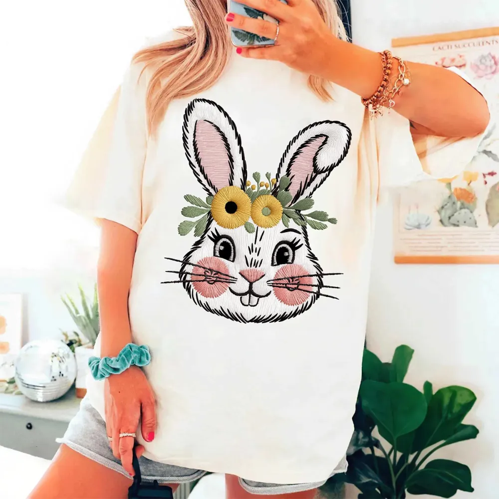  Floral Bunny Printed Round Neck Short Sleeve T-Shirt