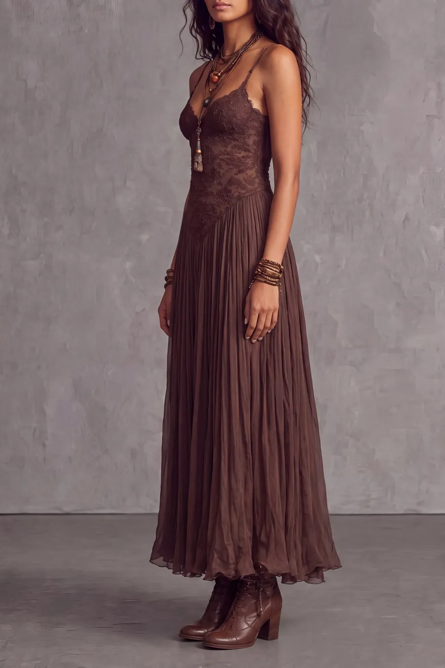 Spaghetti Strap Lace Trim Lace Maxi Dress