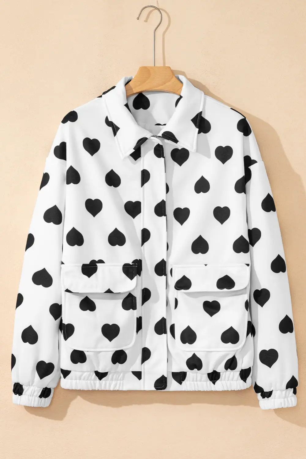 Women's Double Flap Pocket Heart Print Collar Zip Jacket