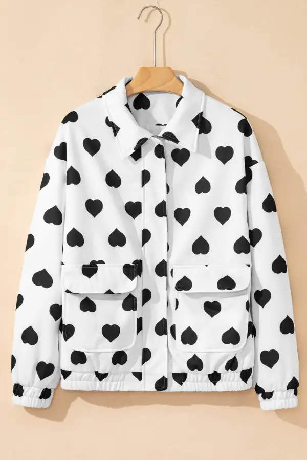 Women's Double Flap Pocket Heart Print Collar Zip Jacket
