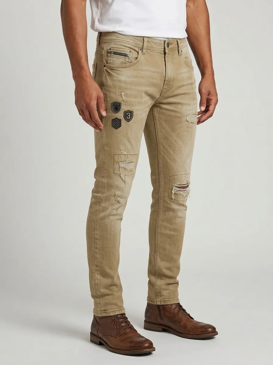 Men's Distressed Badge Detail Washed Slim-Fit Jeans