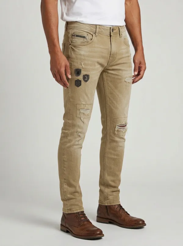 Men's Distressed Badge Detail Washed Slim-Fit Jeans