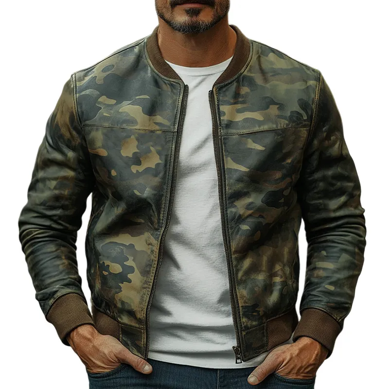Leather Button Camo Jacket