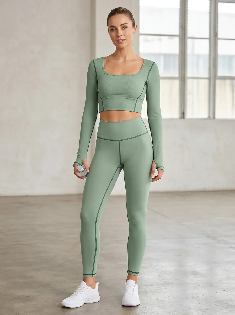 Women's Square Neck Long Sleeve Ribbed Leggings Set