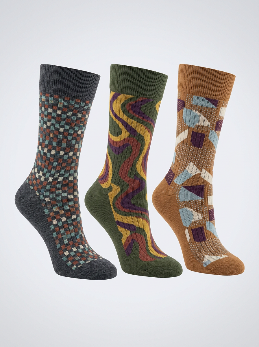Men's Geometric Abstract Pattern Three-Pack Crew Socks