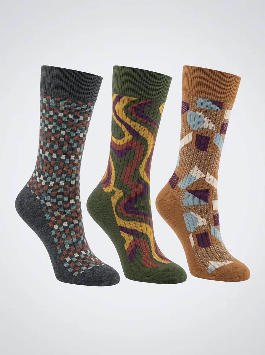 Men's Geometric Abstract Pattern Three-Pack Crew Socks