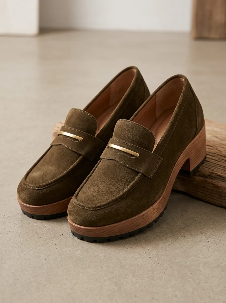 Women's Metal Detail Platform Suede Wood Sole Loafers