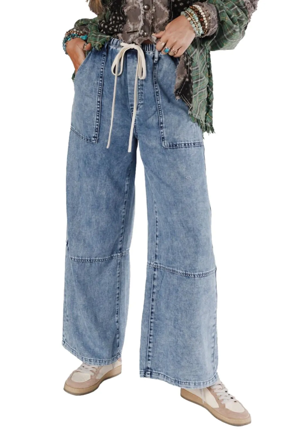 High Waist Drawstring Pocketed Seam Detail Casual Jeans
