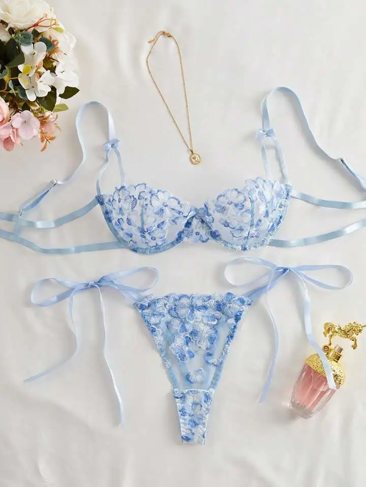 Floral Embroidered Sheer Lingerie Set