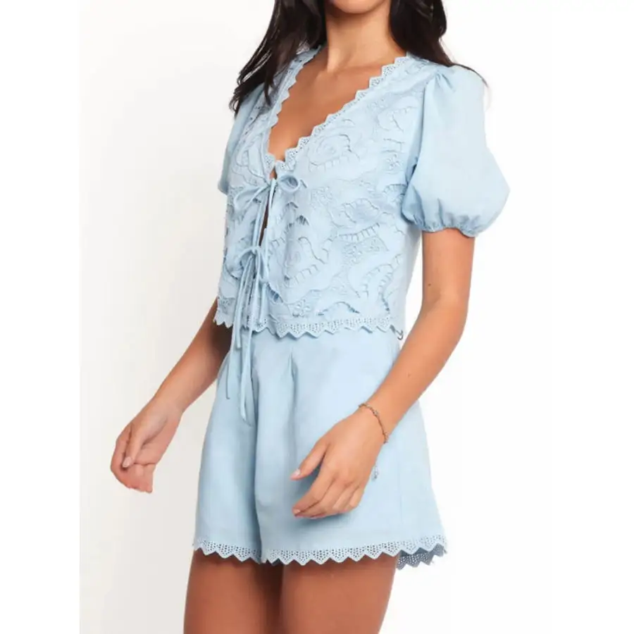 Lace Detail V Neck Top and Shorts Set