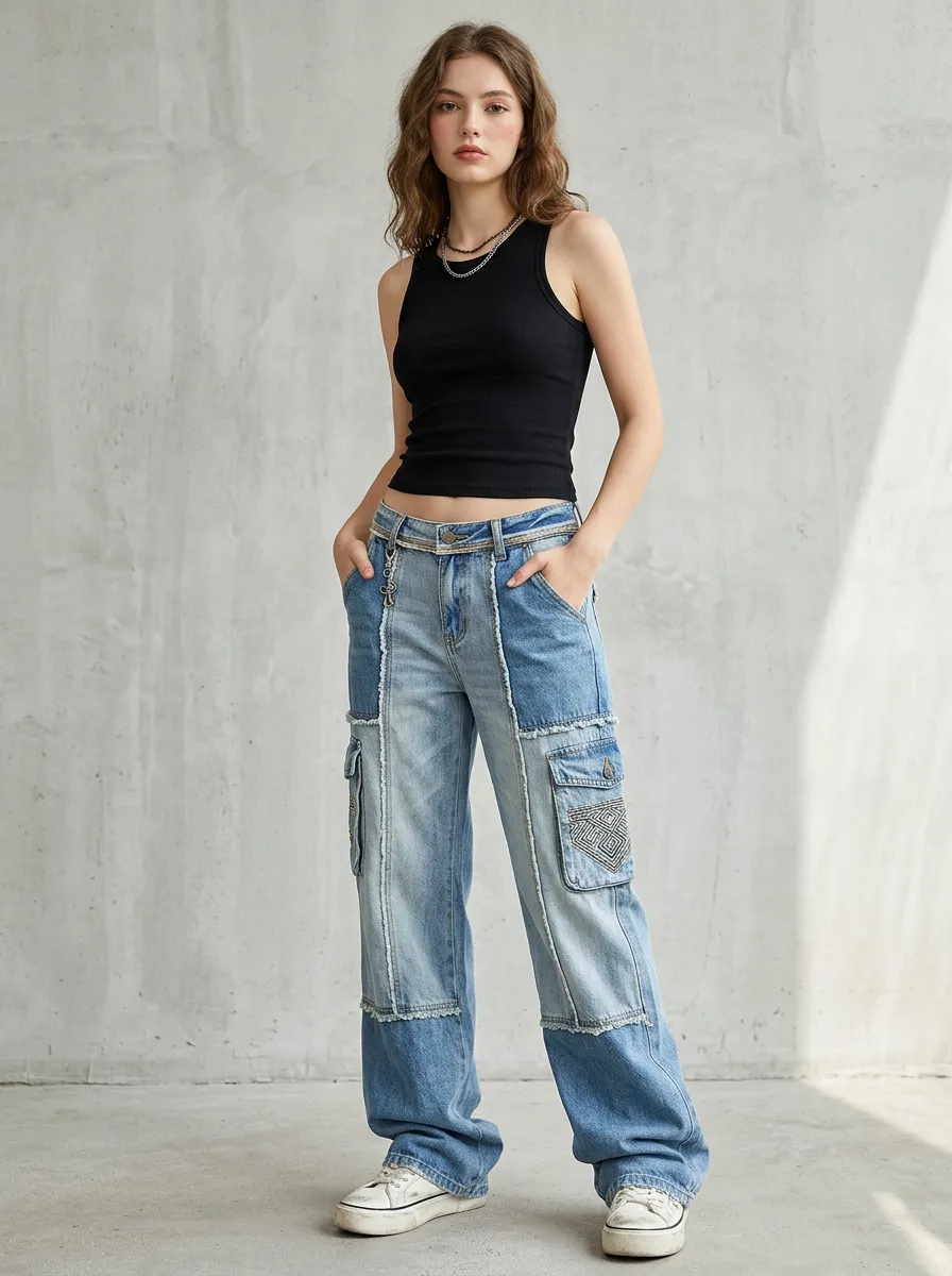 Women's Y2K Streetwear Patchwork Denim Printed Cargo Pants