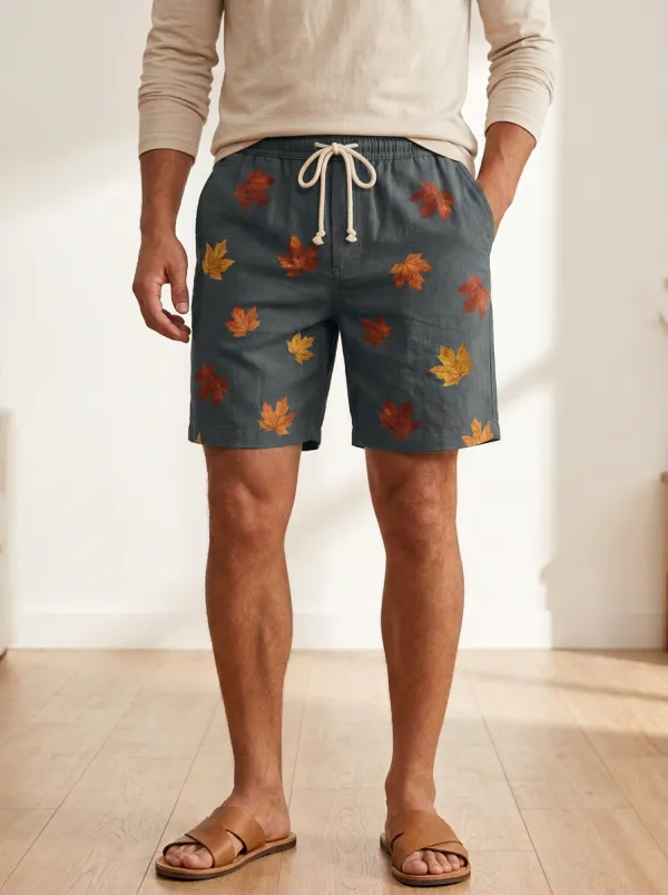 Tan Maple Leaf Print Drawstring Print Shorts