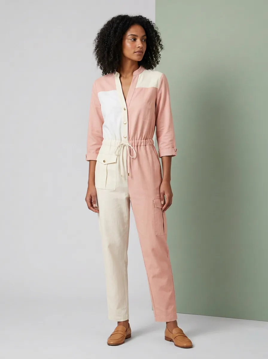 Women's Casual Two-Tone Colorblock Drawstring Utility Jumpsuit