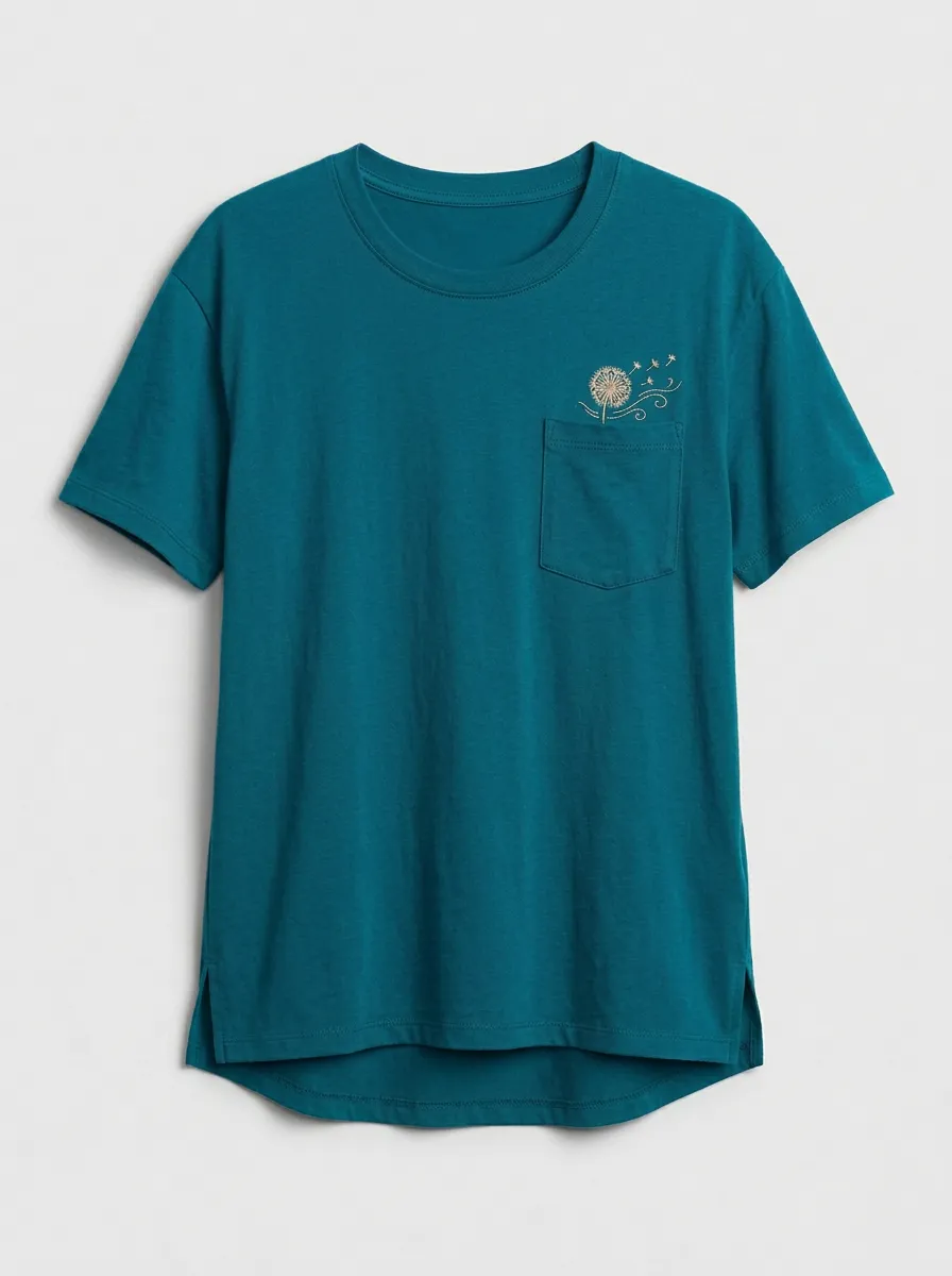 Women's Dandelion Floral Embroidered Pocket Crewneck T-Shirt