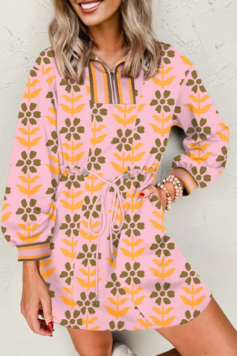 Floral Striped Zip Front Dress Casual