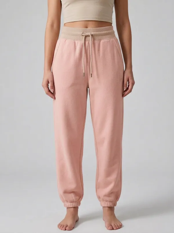 Women's Minimalist Beige Solid Color Embroidered Joggers