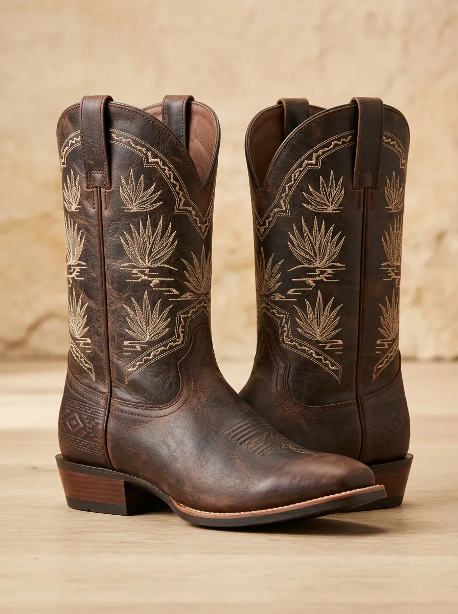 Men's Western Cowboy Agave Plant Embroidered Printed Western Boots