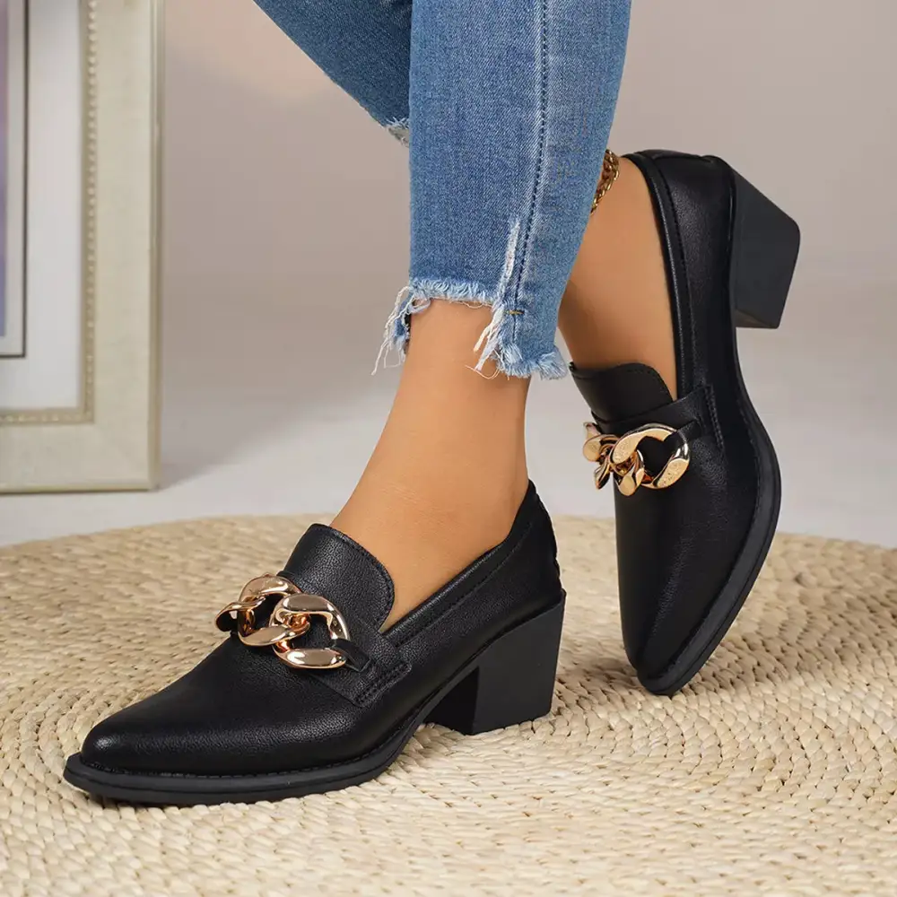 Textured Pointed Toe Block Heel Loafers