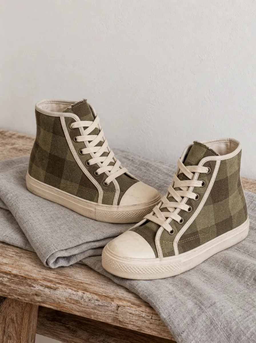 Men's Olive Green Plaid Pattern Printed Canvas High Top Shoes