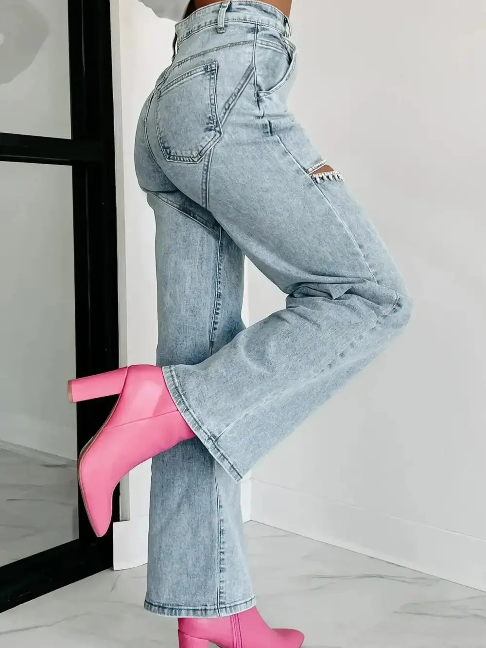 Ribbed Elastic Waist Denim Jeans