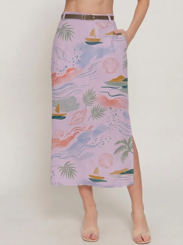 Women's Beach Vacation Seashell Sailboat Palm Printed Midi Skirt