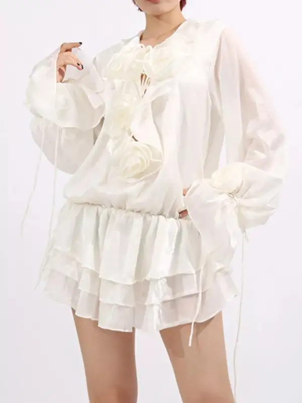 Floral Ruffle Long Sleeve Dress Casual