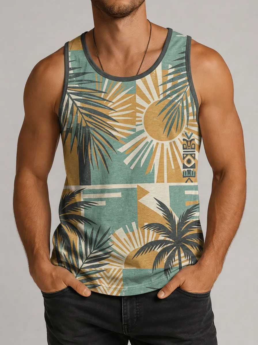 Men's Tropical Summer Beach Palm Tree Sun Printed Tank Top
