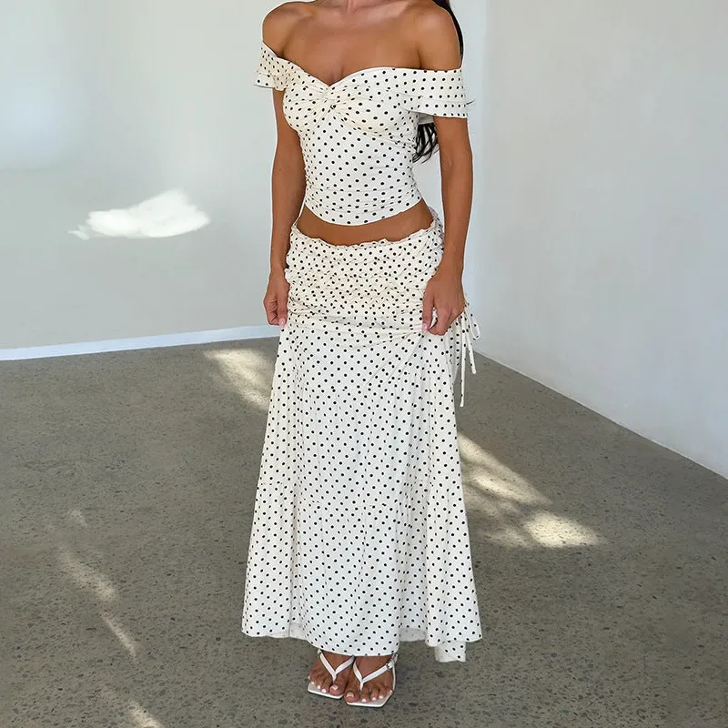 Everyday Polka Dot Two-Piece Set Off-Shoulder Top Long Skirt Summer