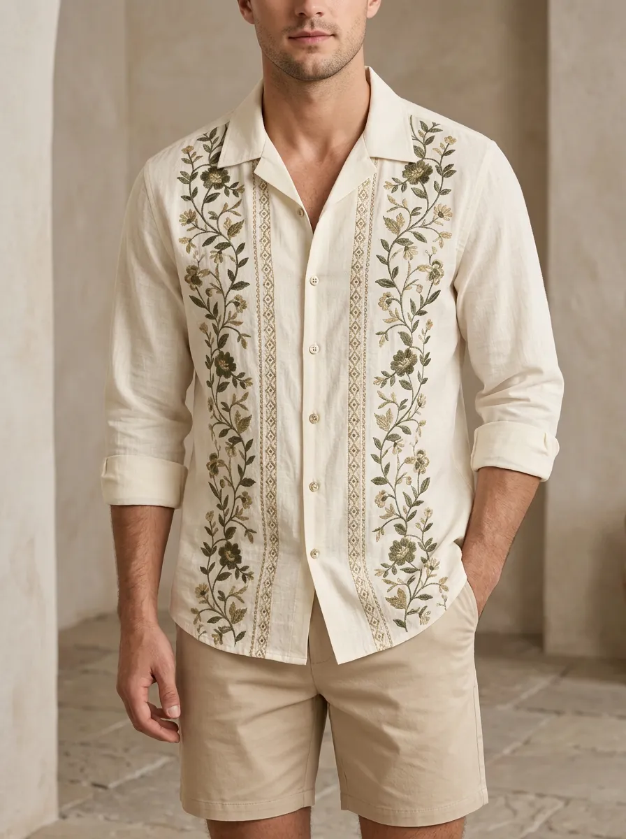 Men's Floral Everyday Embroidered Linen Shirt