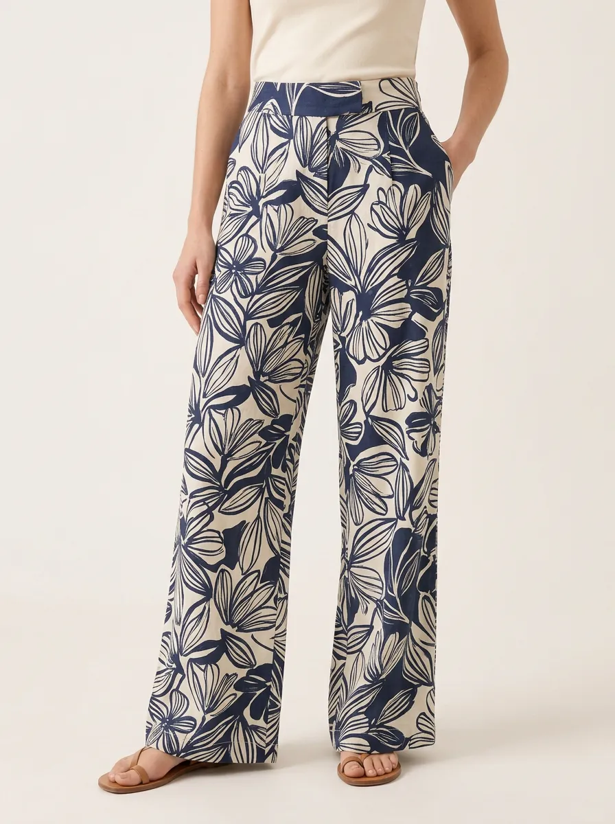 Women's Botanical Floral Clean Line Printed Wide Leg Pants