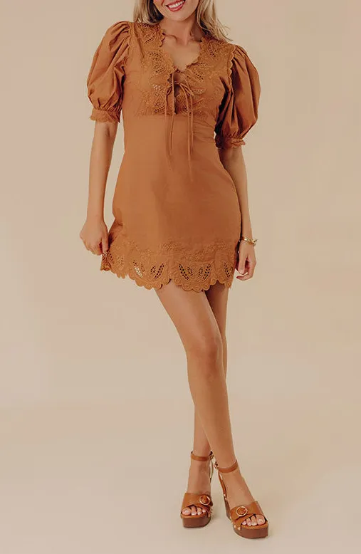 Embroidered V-Neck Three-Quarter Sleeve Mini Dress