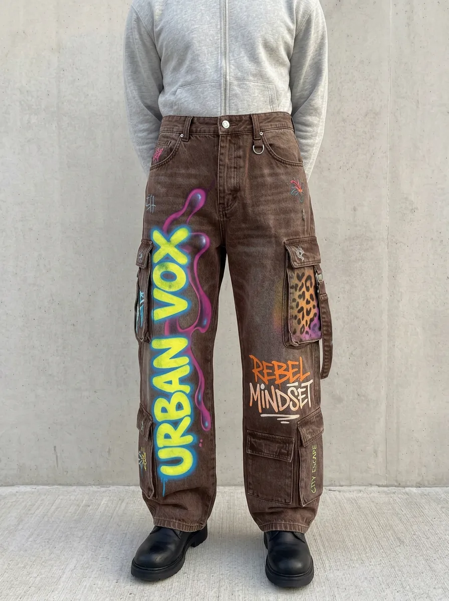 Men's Streetwear Urban Vox Graffiti Leopard Graphic Cargo Jeans
