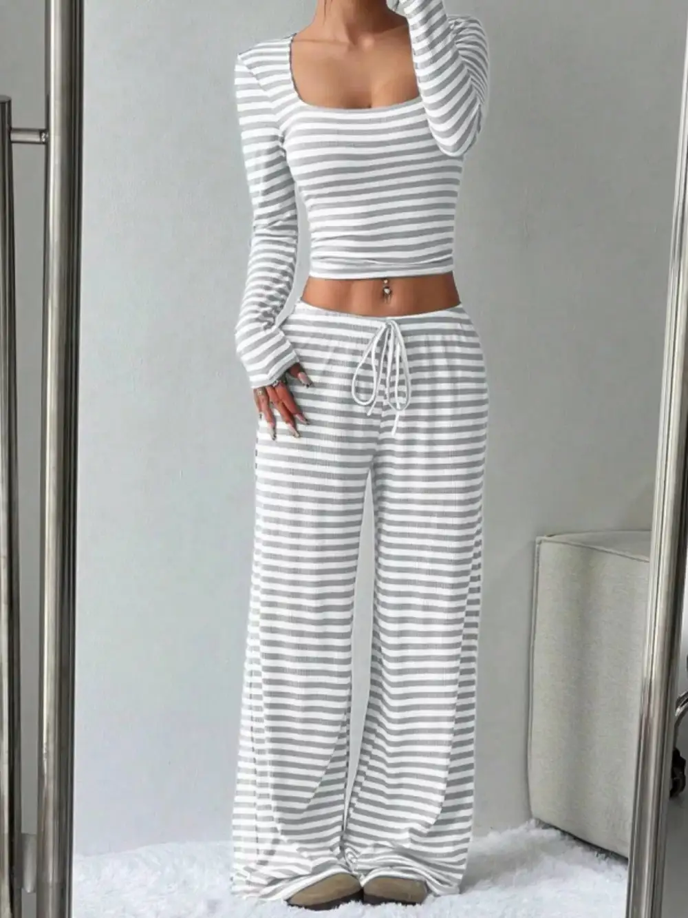 Striped Long Sleeve Crop Top and Wide Leg Pants Set