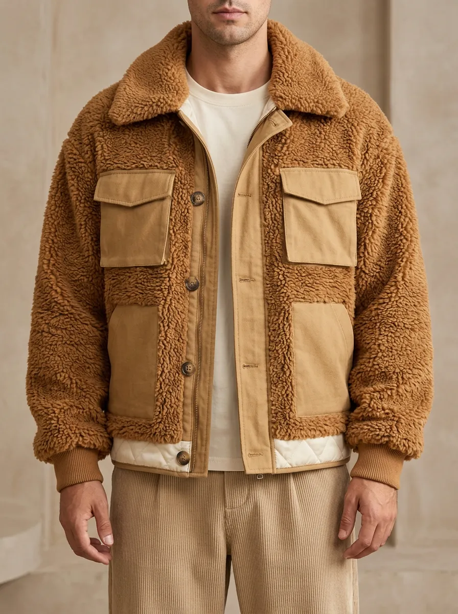 Men's Refined Casual Brown Patchwork Sherpa Fleece Layering Jacket