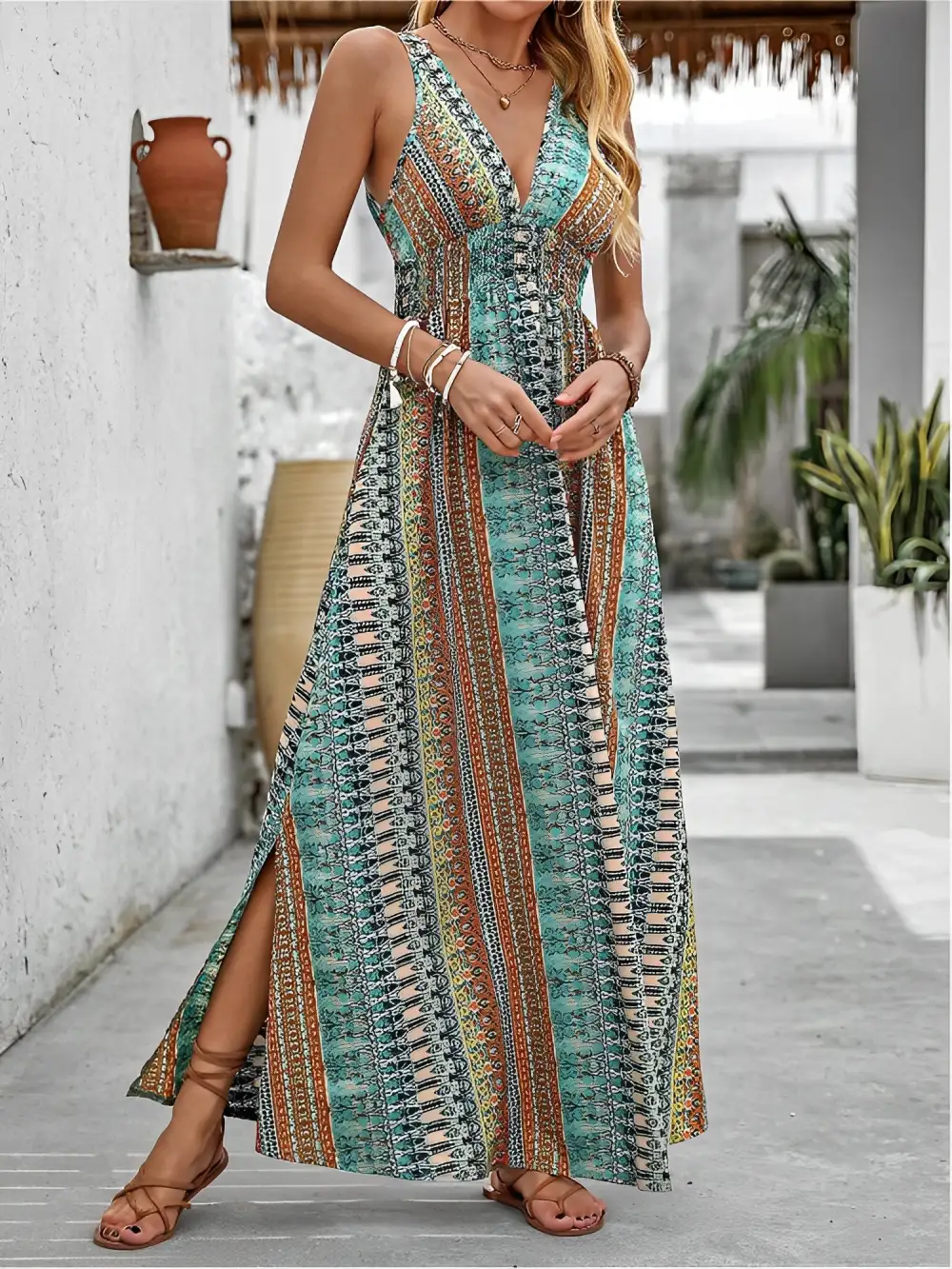 Boho Deep V-Neck Sleeveless Slit Maxi Resort Dress