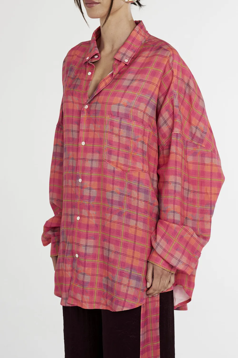 Versatile Loose Neon Plaid Long-Sleeved Shirt
