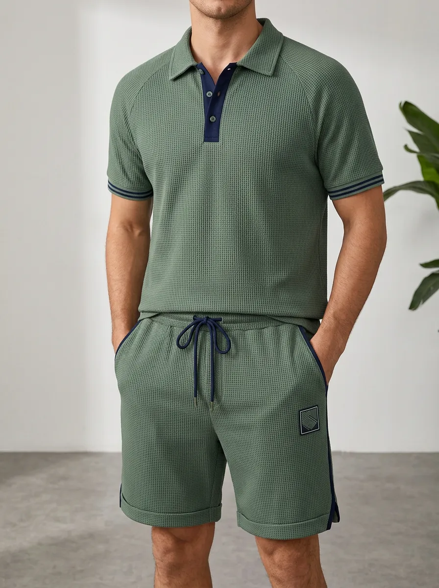 Men's Waffle Knit Contrast Trim Polo Shirt