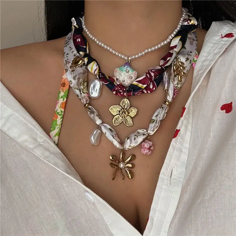 Stainless Steel Pendant Color Scarf Pearl Necklace